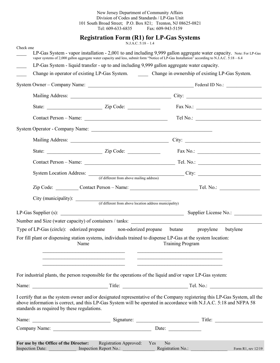 Form R1 Registration Form for Lp-Gas Systems - New Jersey, Page 1