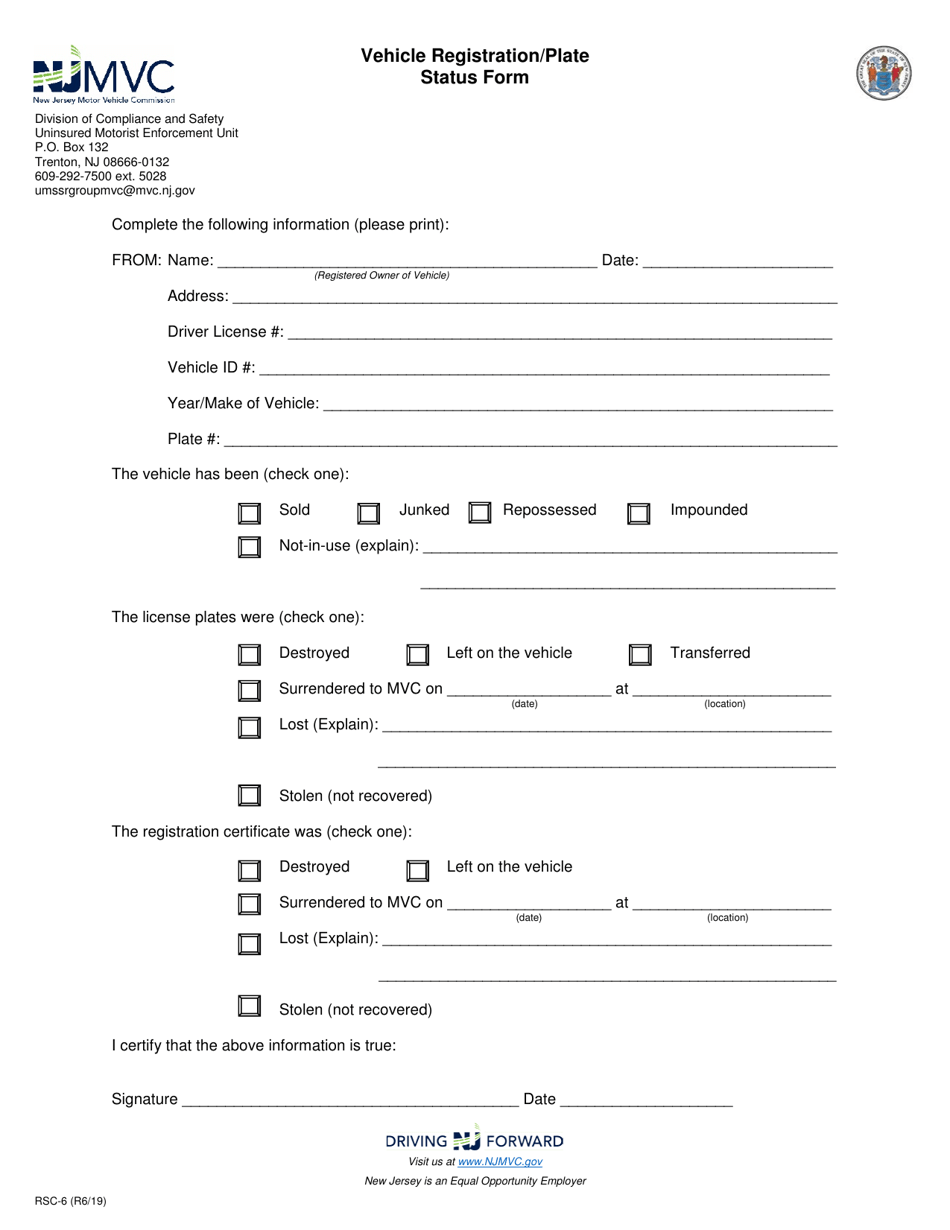Form RSC-6 Vehicle Registration / Plate Status Form - New Jersey, Page 1