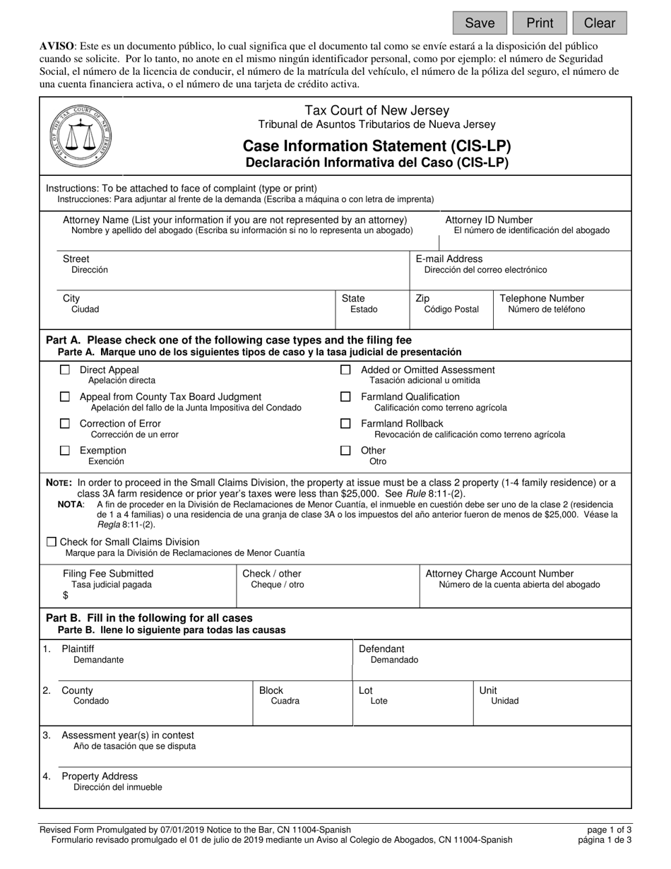 Form 11004 Case Information Statement (Cis-Lp) - New Jersey (English/Spanish), Page 1