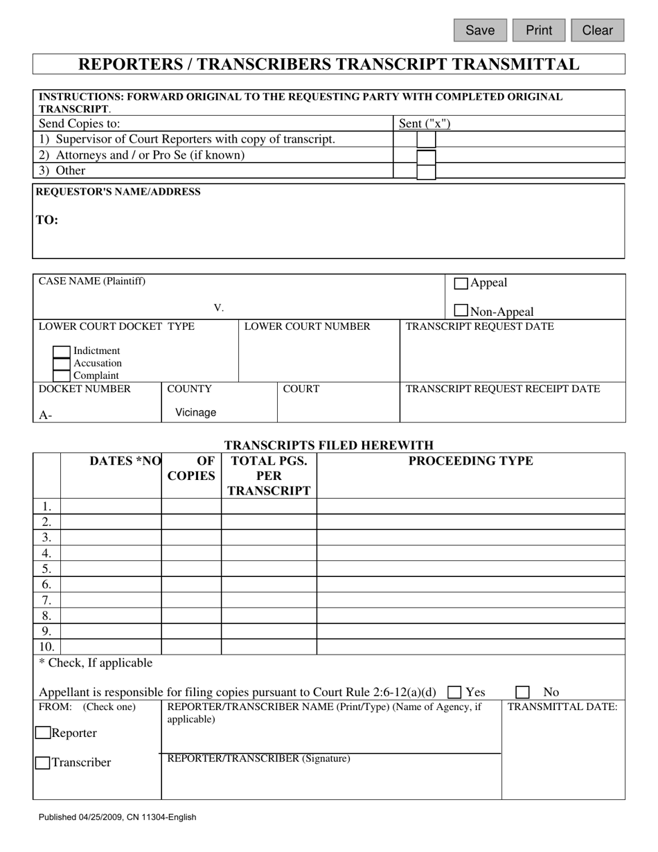 Form 11304 Reporters / Transcribers Transcript Transmittal - New Jersey, Page 1