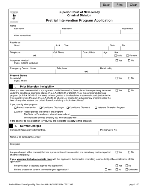 Form 12305 Pretrial Intervention Program Application - New Jersey
