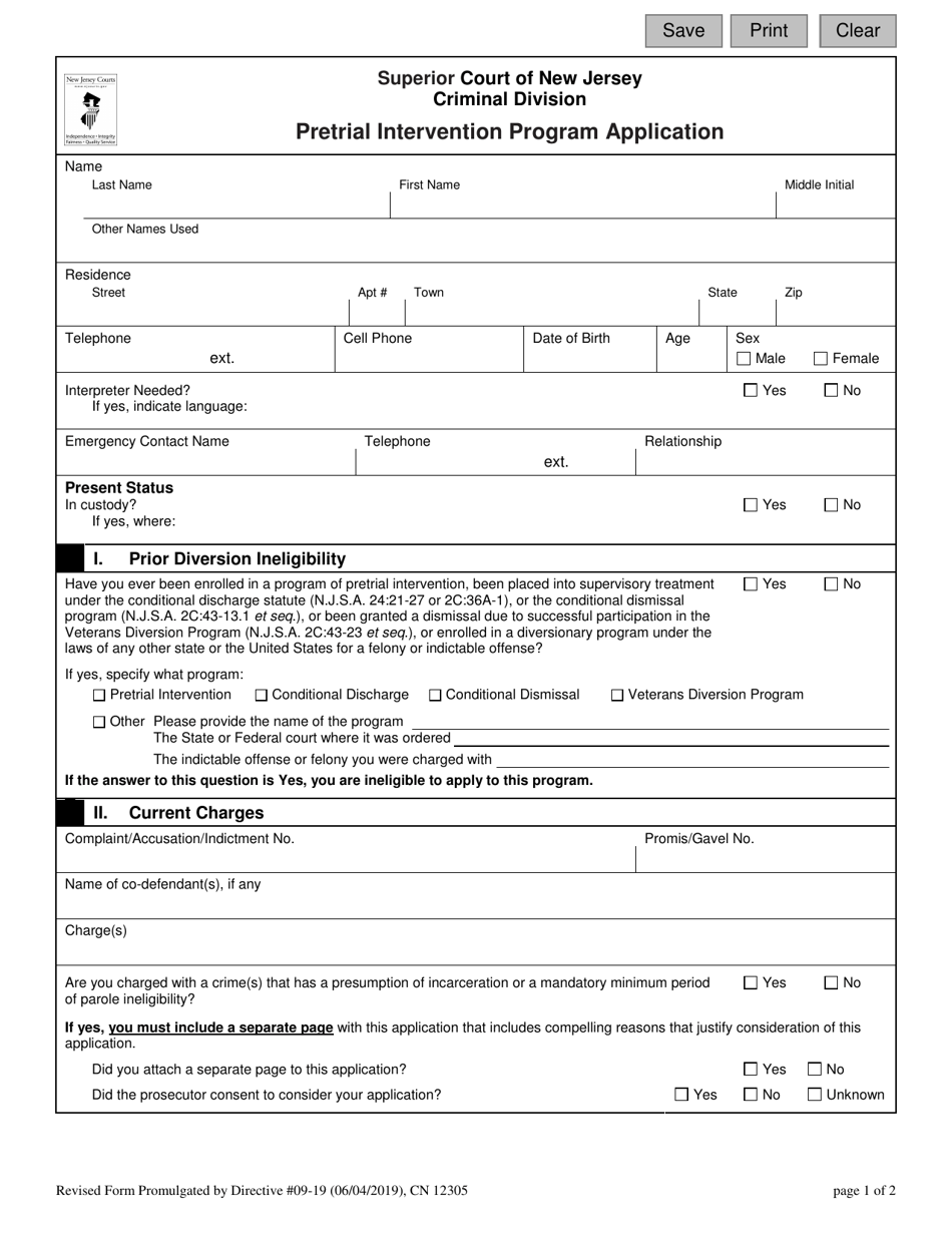 Form 12305 Pretrial Intervention Program Application - New Jersey, Page 1