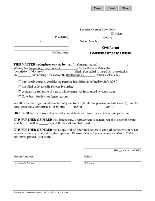 Form 12439 Consent Order to Delete - New Jersey