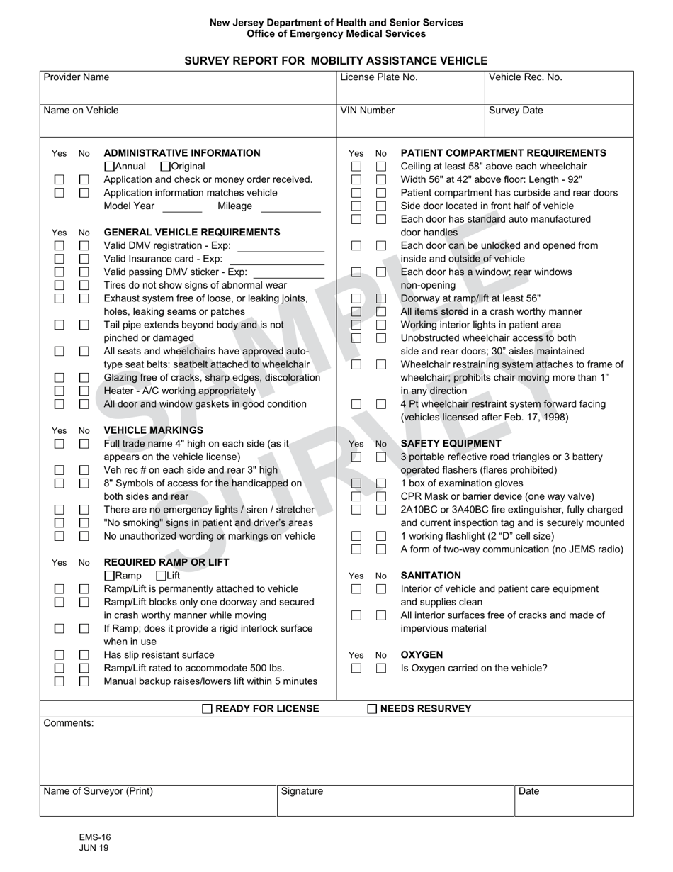 Form EMS-16 Survey Report for Mobility Assistance Vehicle - New Jersey, Page 1