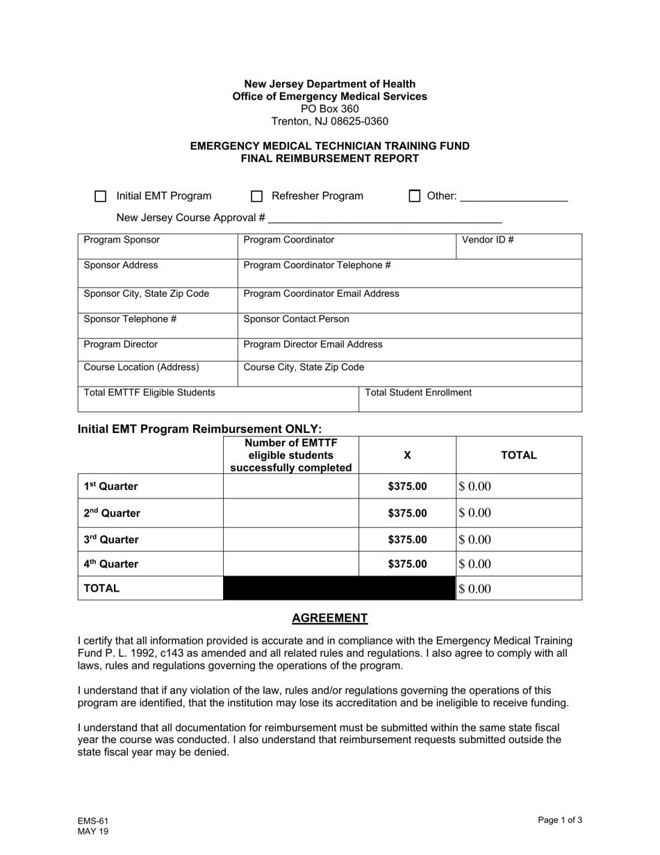 Form EMS-61 Emergency Medical Technician Training Fund Final Reimbursement Report - New Jersey, Page 1