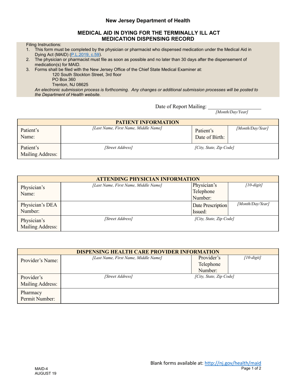 Form MAID-4 Medical Aid in Dying for the Terminally Ill Act Medication Dispensing Record - New Jersey, Page 1