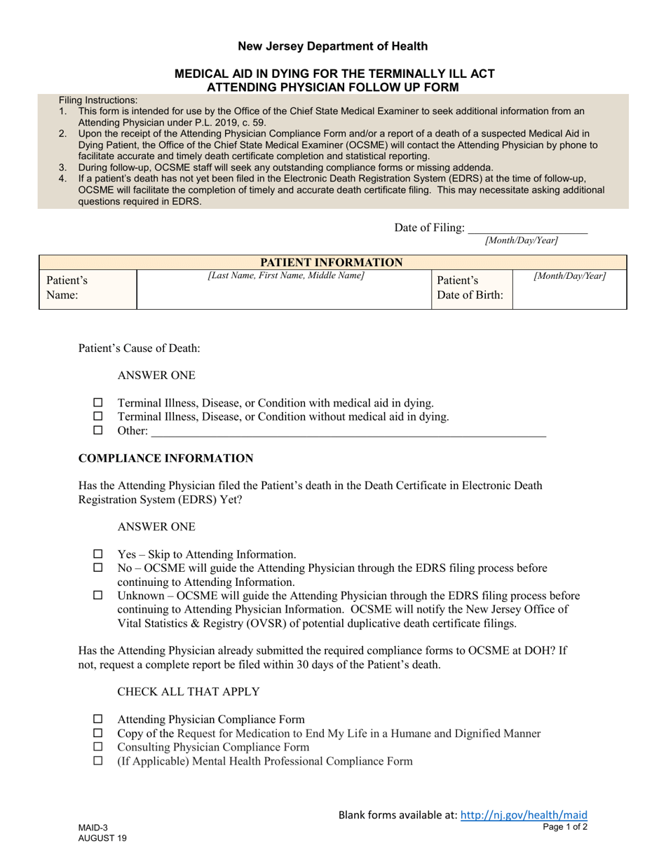Form MAID-3 Medical Aid in Dying for the Terminally Ill Act Attending Physician Follow up Form - New Jersey, Page 1