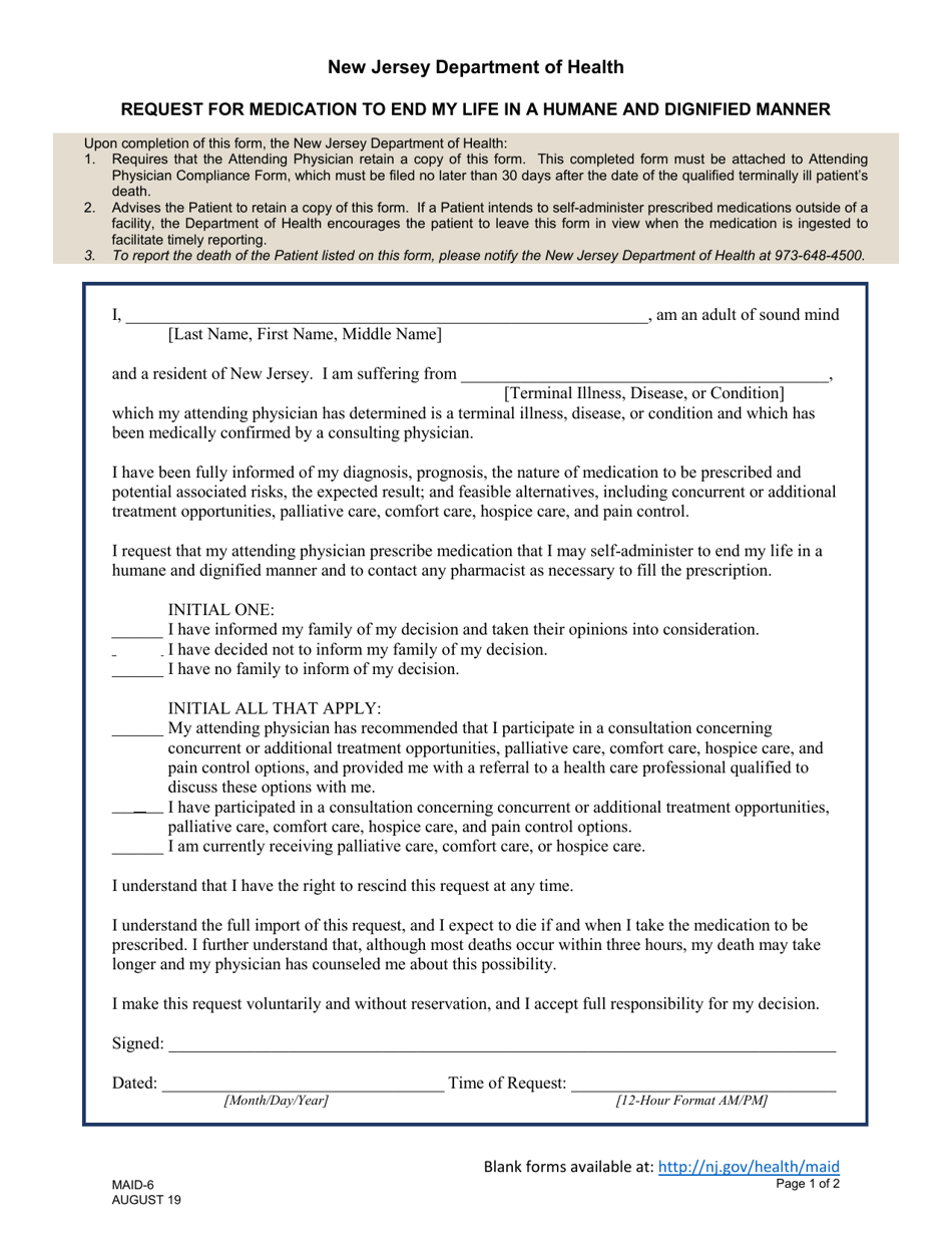 Form MAID-6 Request for Medication to End My Life in a Humane and Dignified Matter - New Jersey, Page 1