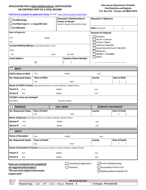Form REG-27A Application for a Non-genealogical Certification or Certified Copy of a Vital Record - New Jersey