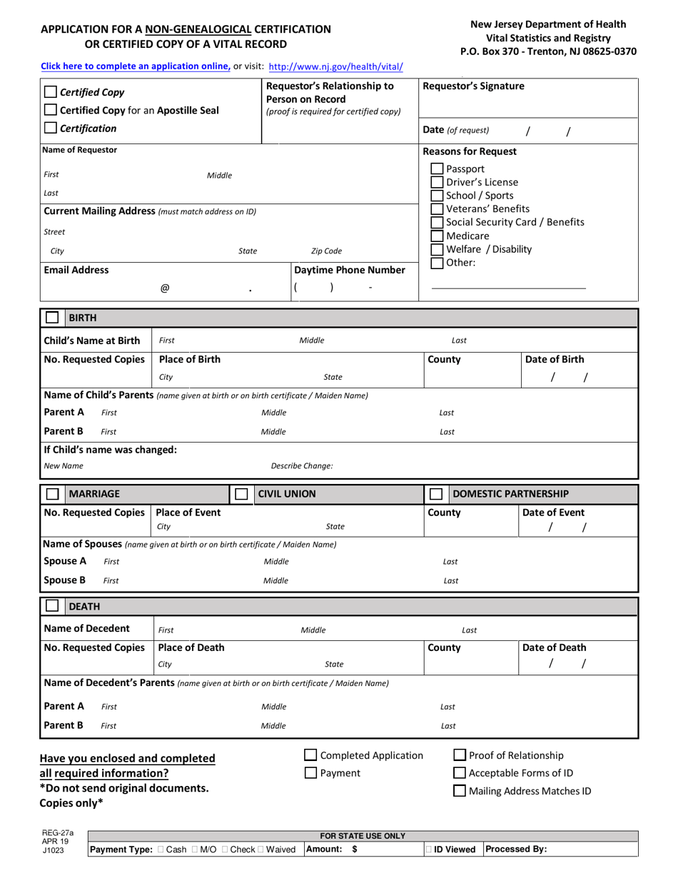 Form REG-27A Application for a Non-genealogical Certification or Certified Copy of a Vital Record - New Jersey, Page 1