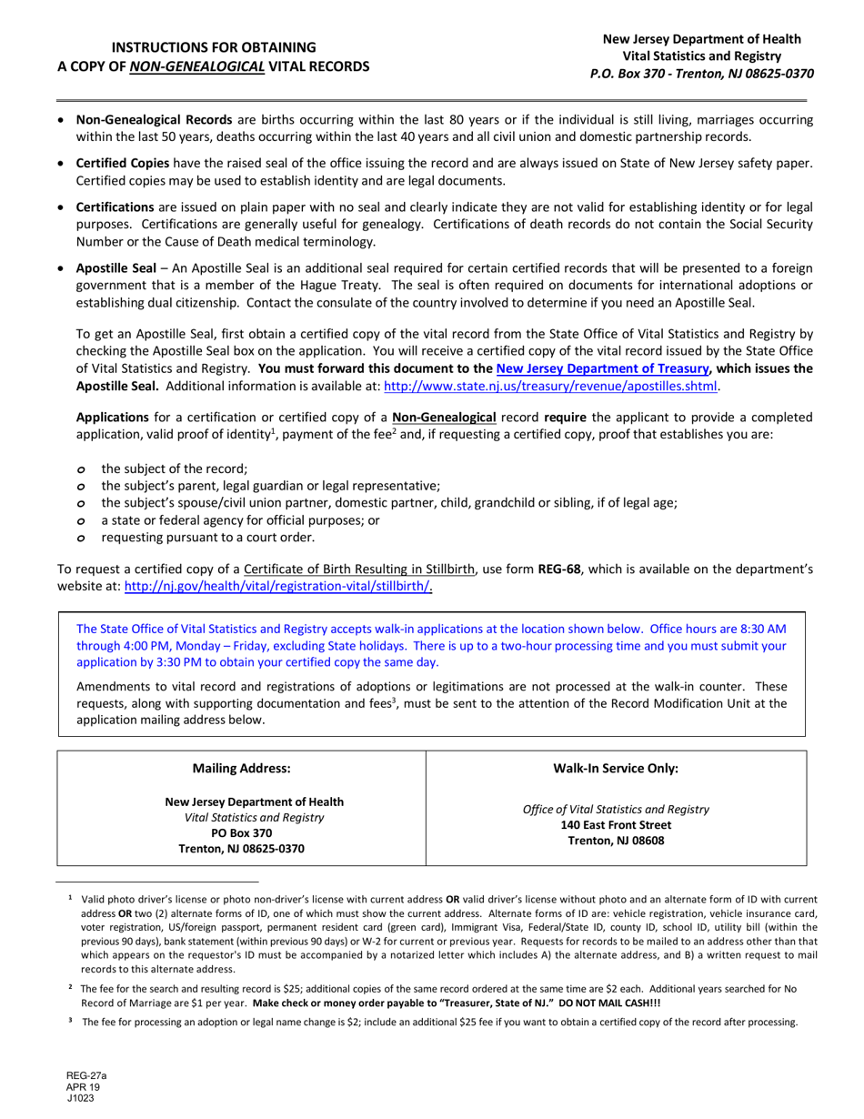 Form REG-27A Application for a Non-genealogical Certification or Certified Copy of a Vital Record - New Jersey, Page 2