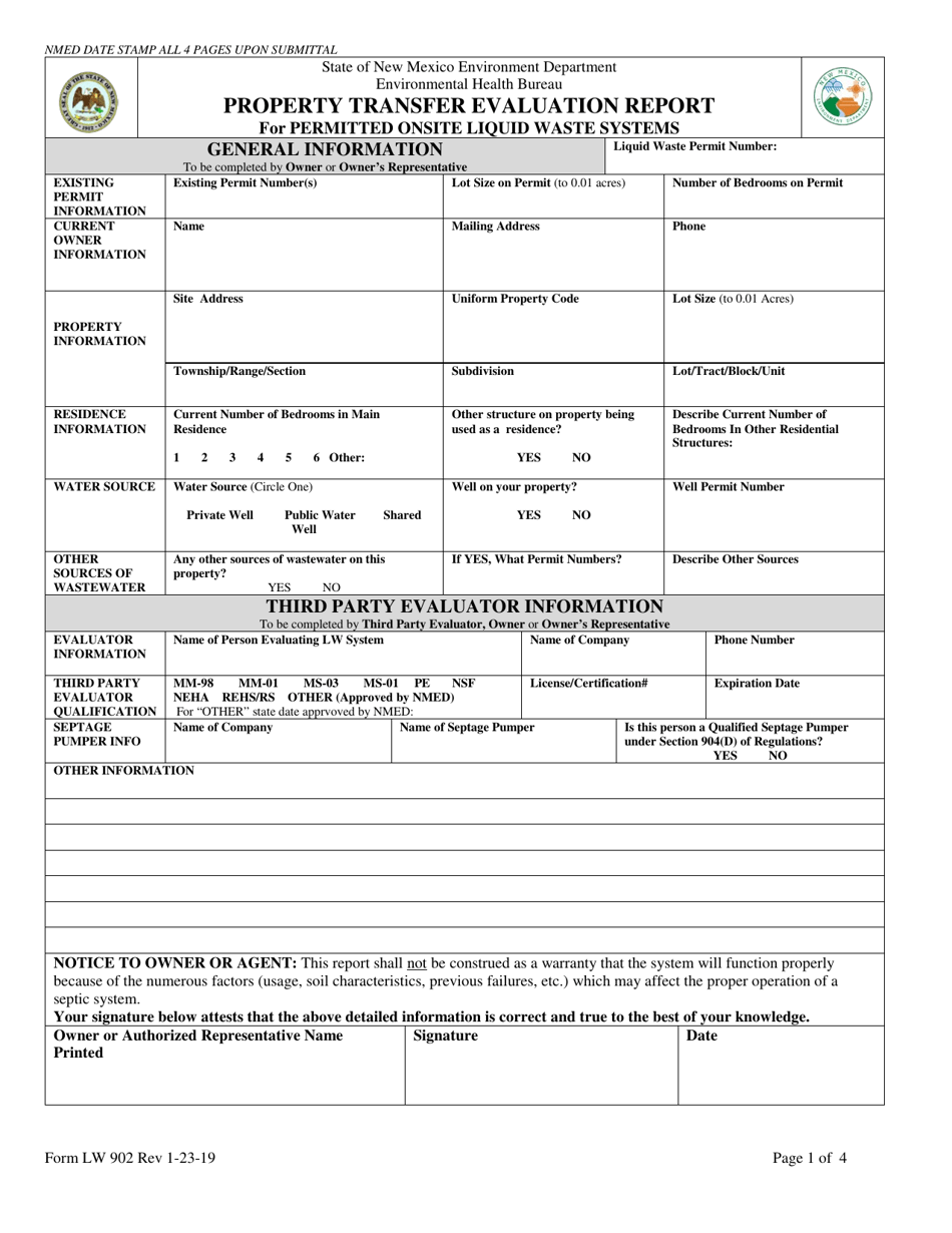 Form LW902 Property Transfer Evaluation Report for Permitted Onsite Liquid Waste Systems - New Mexico, Page 1