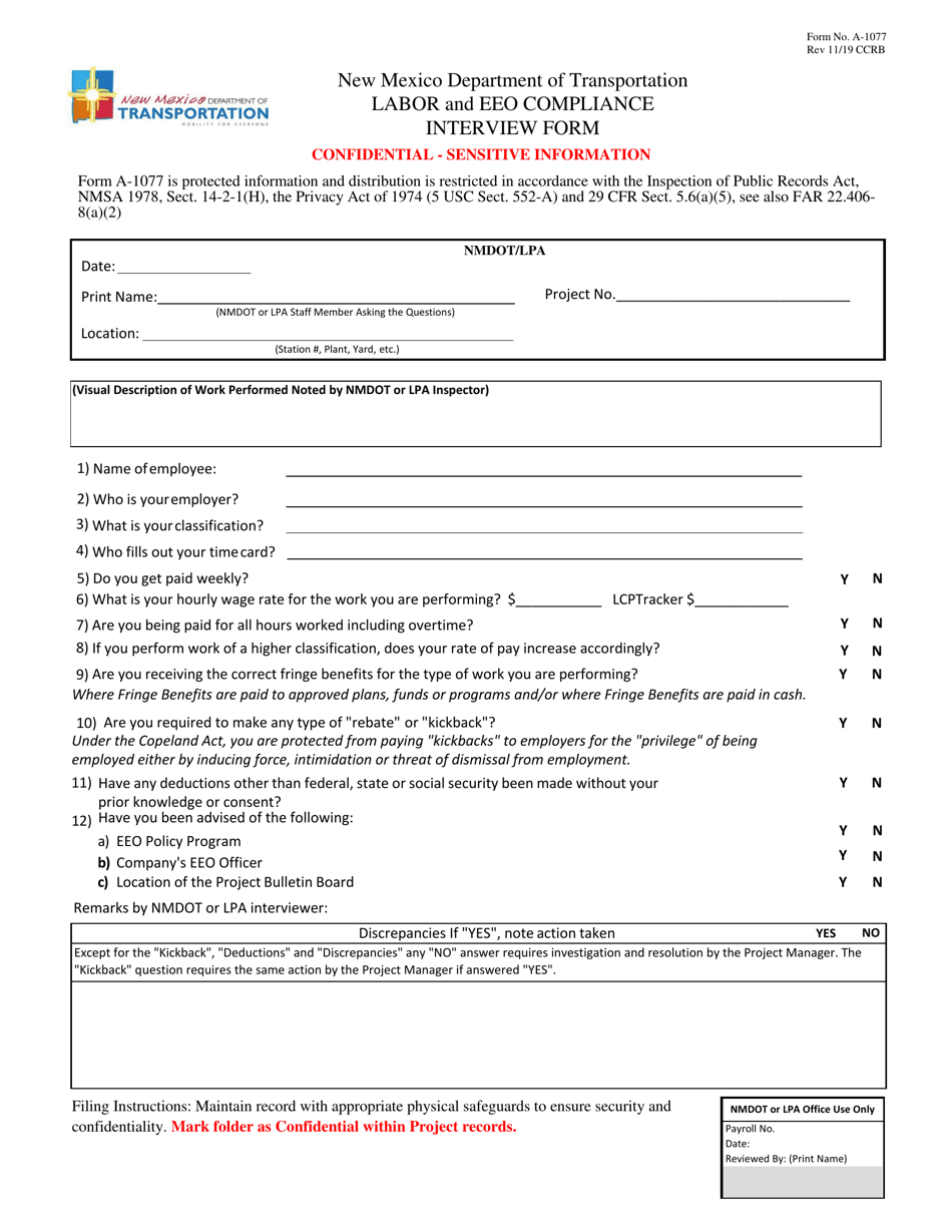 Form A-1077 Labor and EEO Compliance Interview Form - New Mexico, Page 1