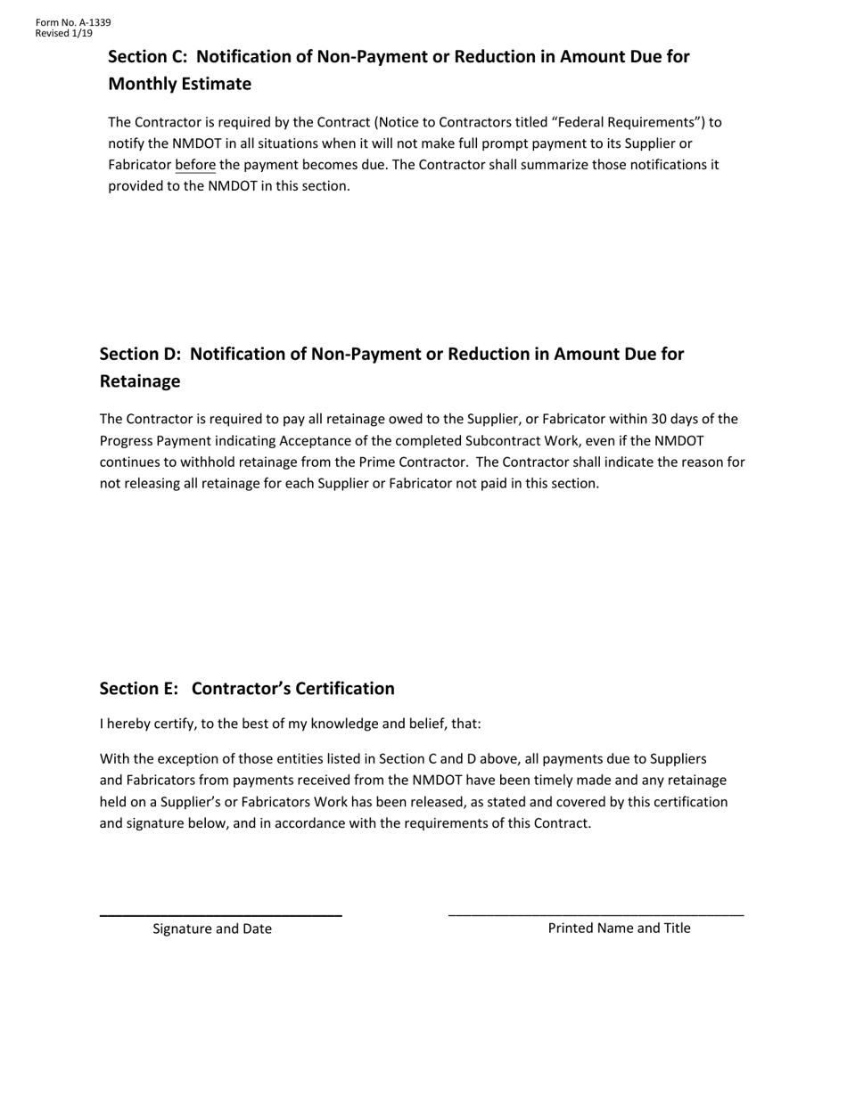 Form A-1339 Contractors Certification of Prompt Payment to Non-dbe Suppliers and Fabricators (Certification) - New Mexico, Page 3