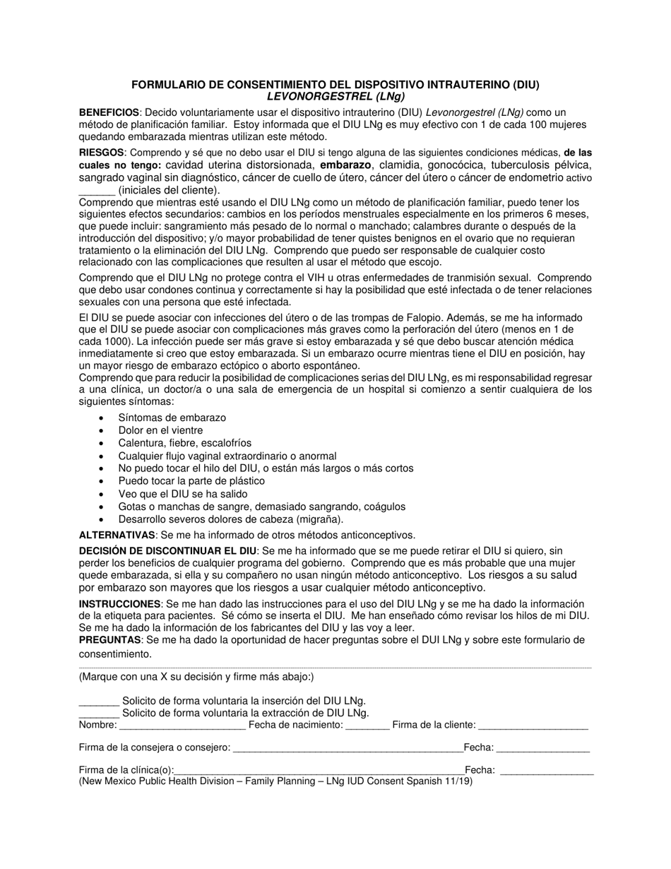 Formulario De Consentimiento Del Dispositivo Intrauterino (Diu) Levonorgestrel (Lng) - New Mexico (Spanish), Page 1