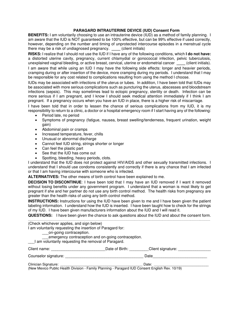 New Mexico Paragard Intrauterine Device (Iud) Consent Form Fill Out