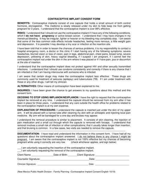 Contraceptive Implant Consent Form - New Mexico Download Pdf