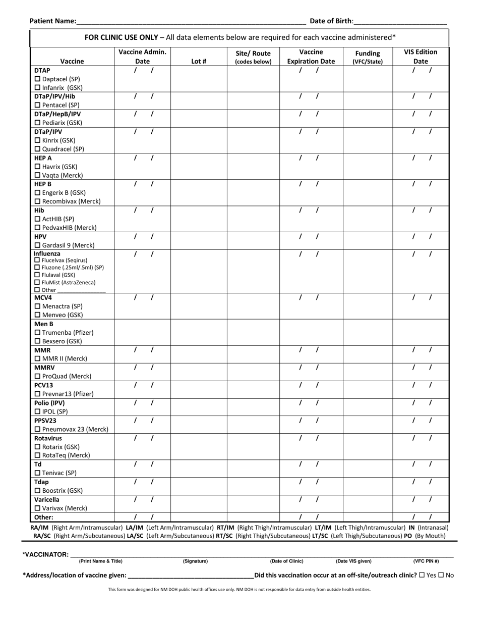 New Mexico Vfc Vaccine Administration Form - New Mexico, Page 2