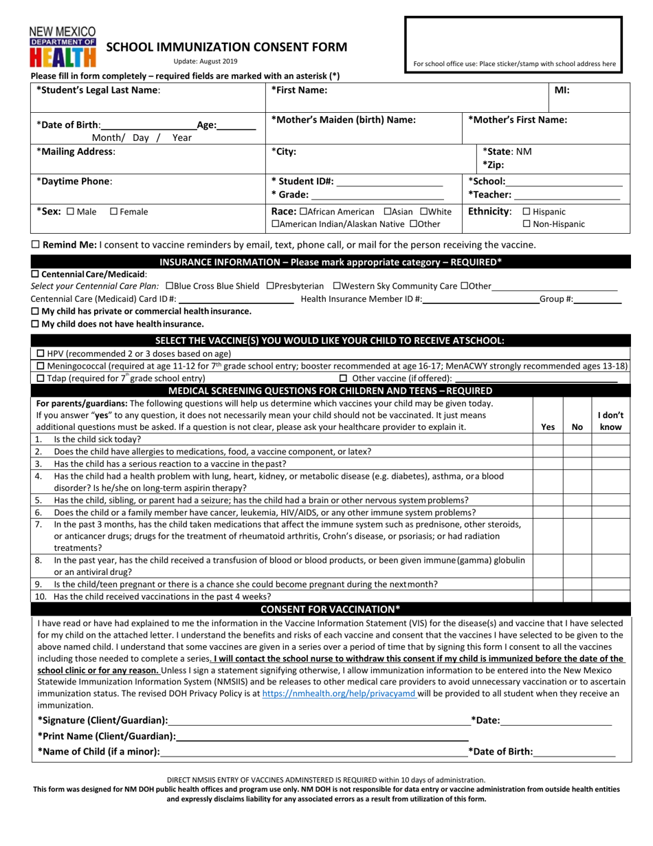 School Immunization Consent Form - New Mexico, Page 1