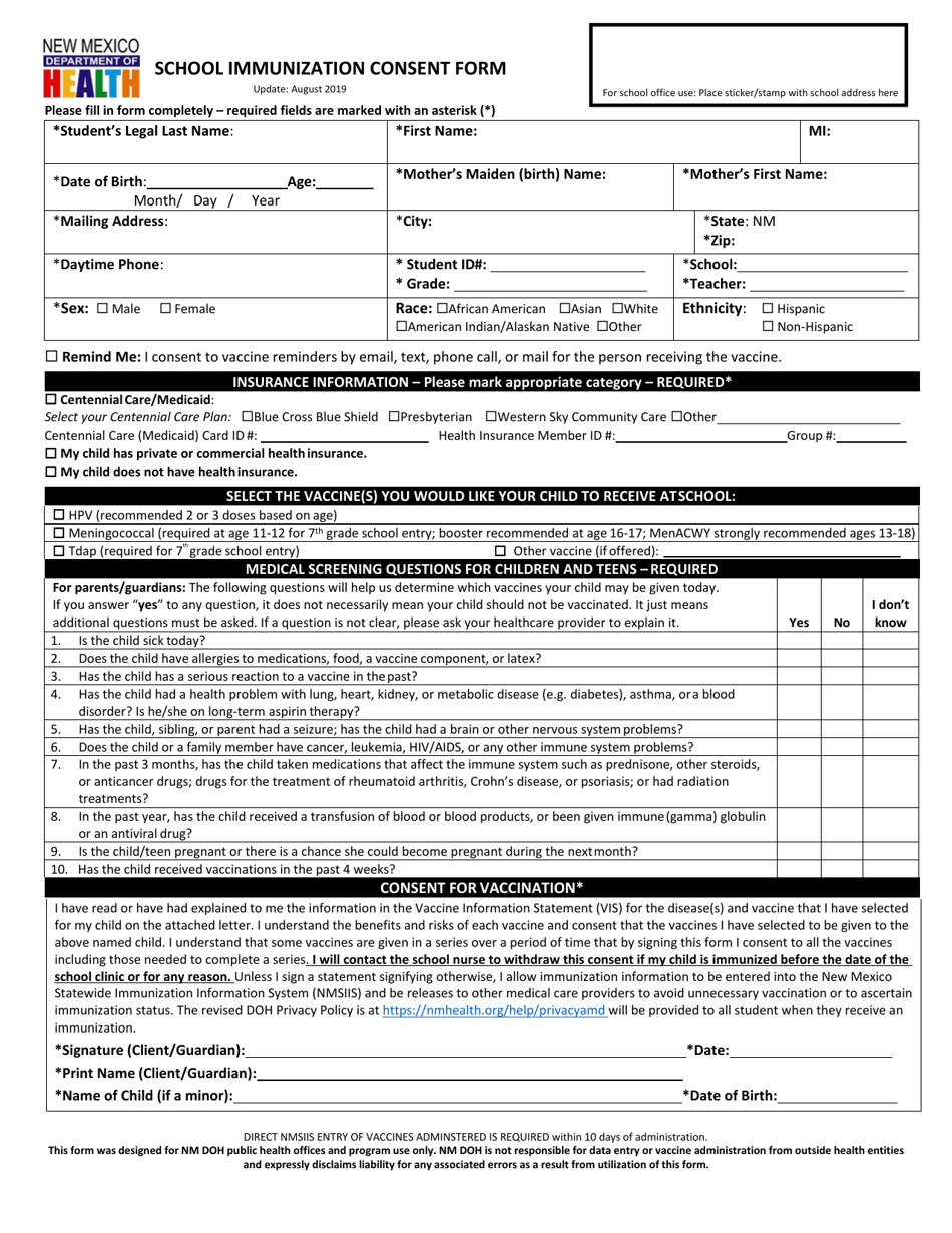 New Mexico School Immunization Consent Form - Fill Out, Sign Online and ...