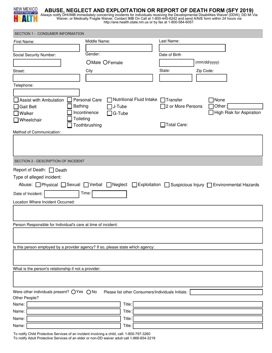 Abuse, Neglect and Exploitation or Report of Death Form - New Mexico, Page 1