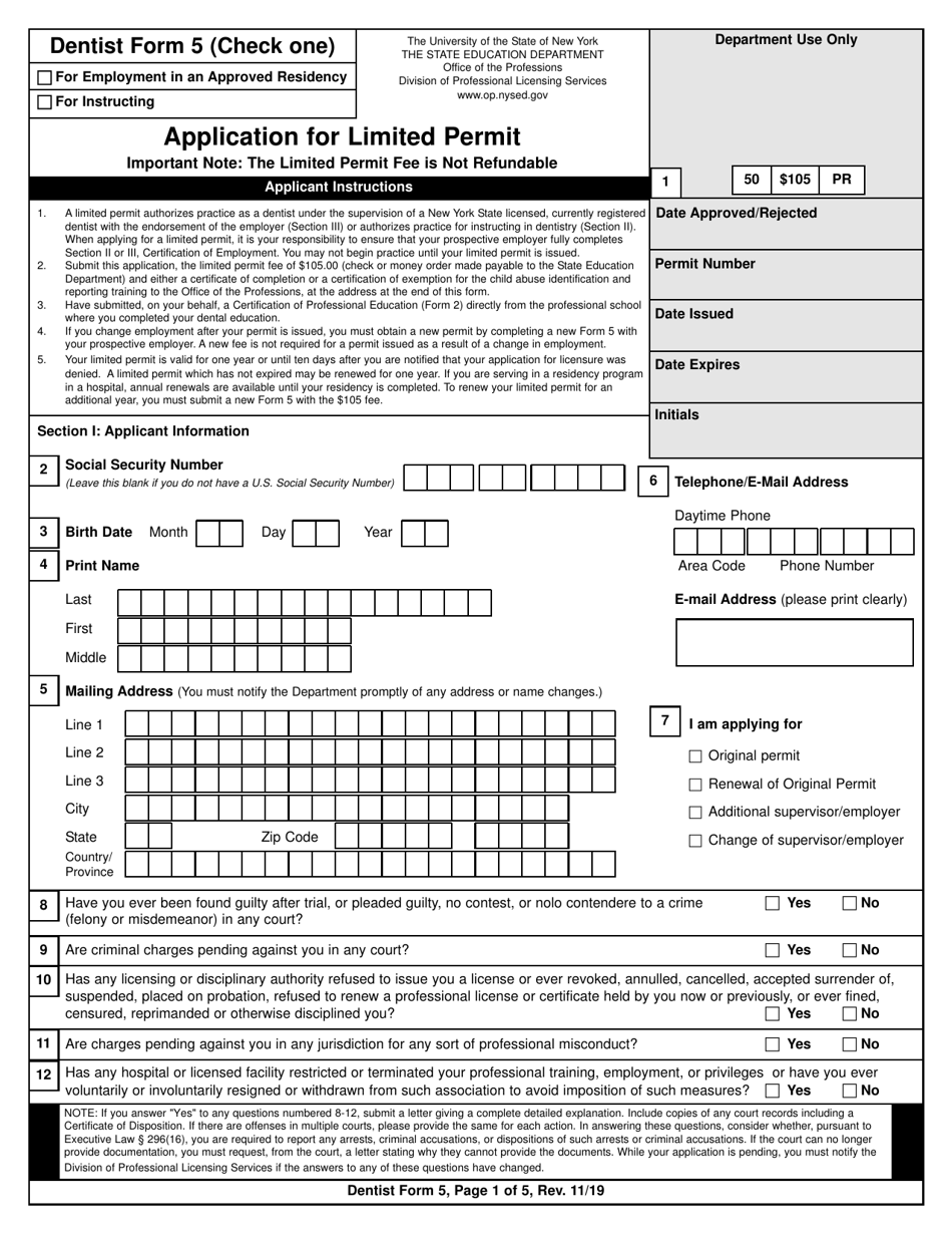 Dentist Form 5 Application for Limited Permit - New York, Page 1