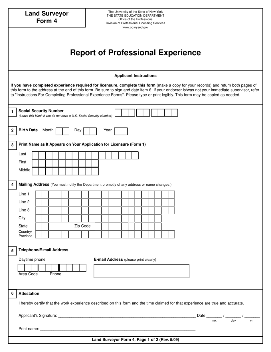 Land Surveyor Form 4 Report of Professional Experience - New York, Page 1