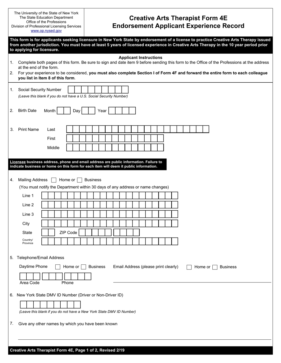 Creative Arts Therapist Form 4E Endorsement Application Experience Record - New York, Page 1