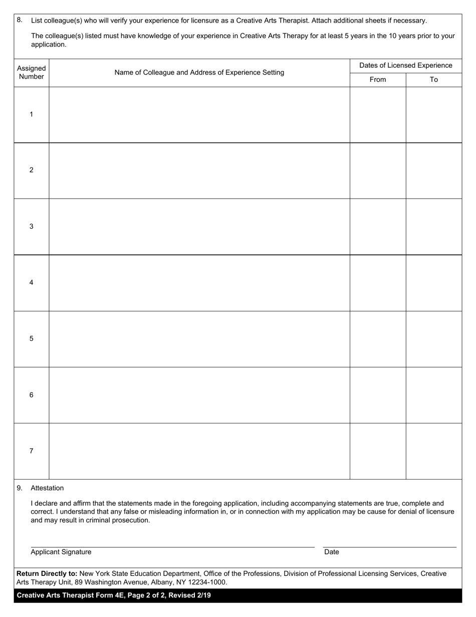 Creative Arts Therapist Form 4E Endorsement Application Experience Record - New York, Page 2