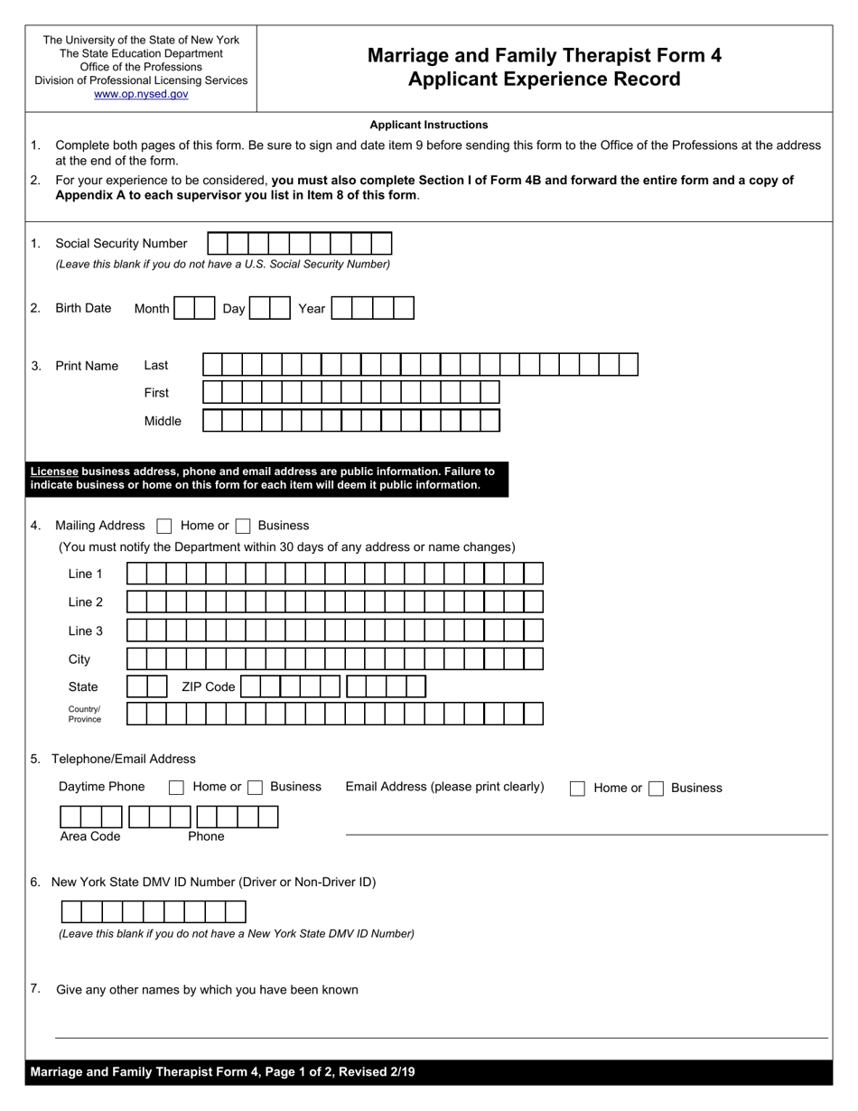 Marriage and Family Therapist Form 4 Applicant Experience Record - New York, Page 1