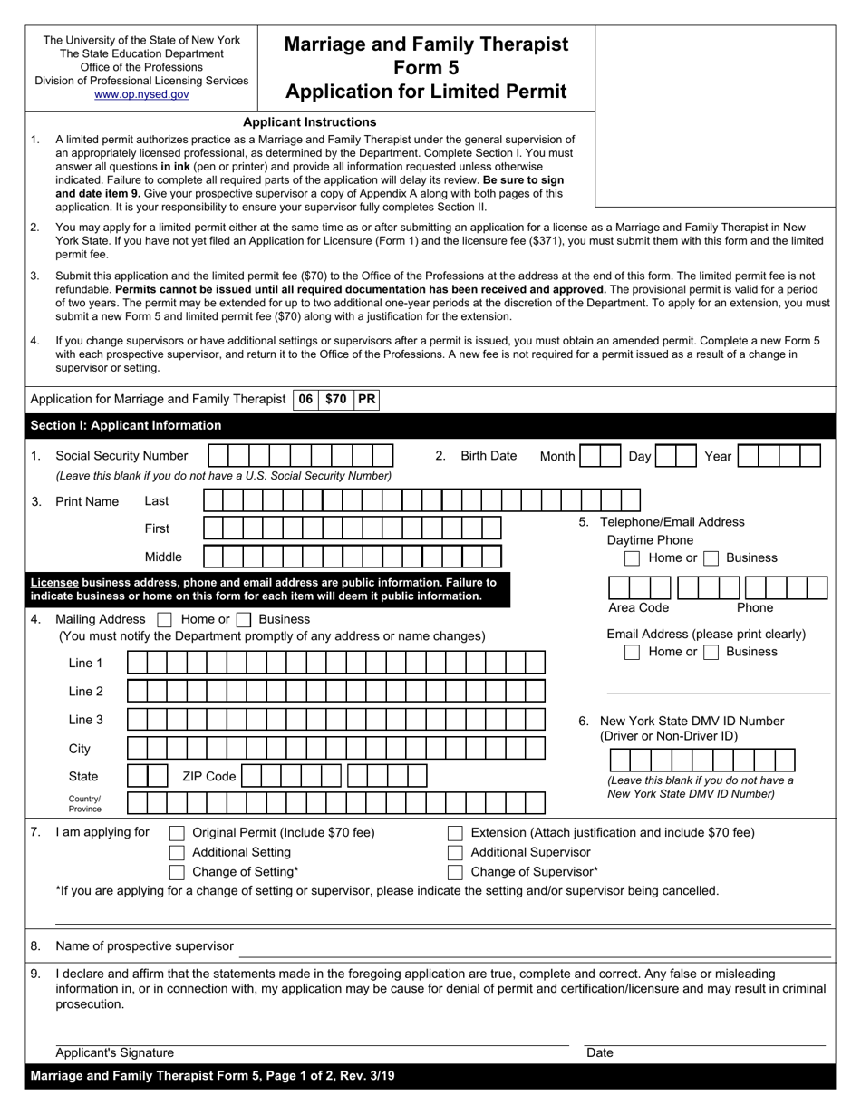 Marriage and Family Therapist Form 5 Application for Limited Permit - New York, Page 1