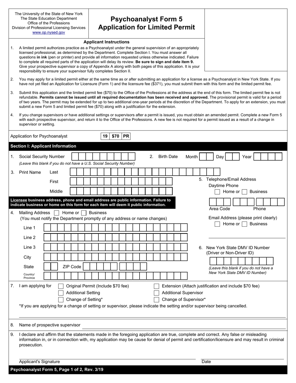 Psychoanalyst Form 5 Application for Limited Permit - New York, Page 1