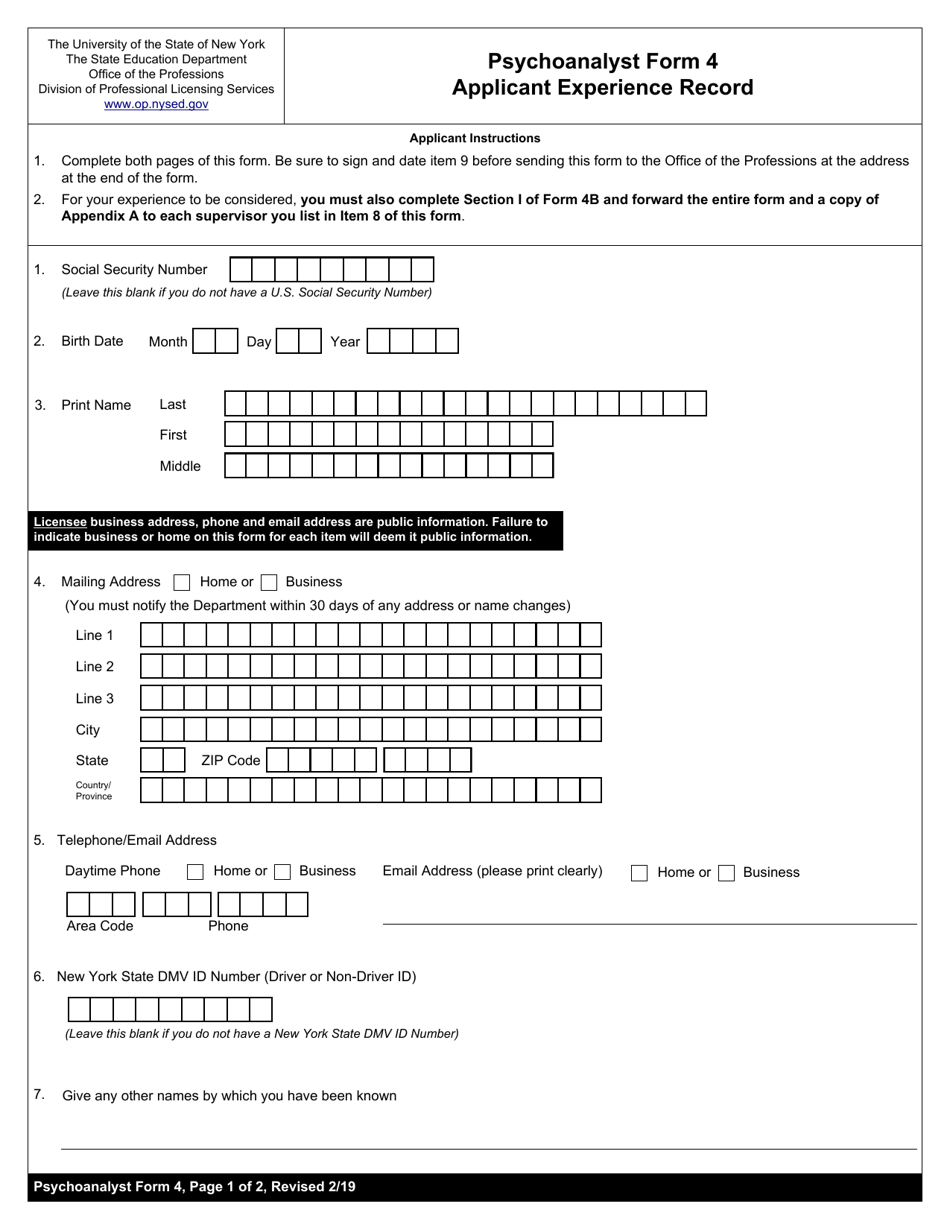 Psychoanalyst Form 4 Applicant Experience Record - New York, Page 1