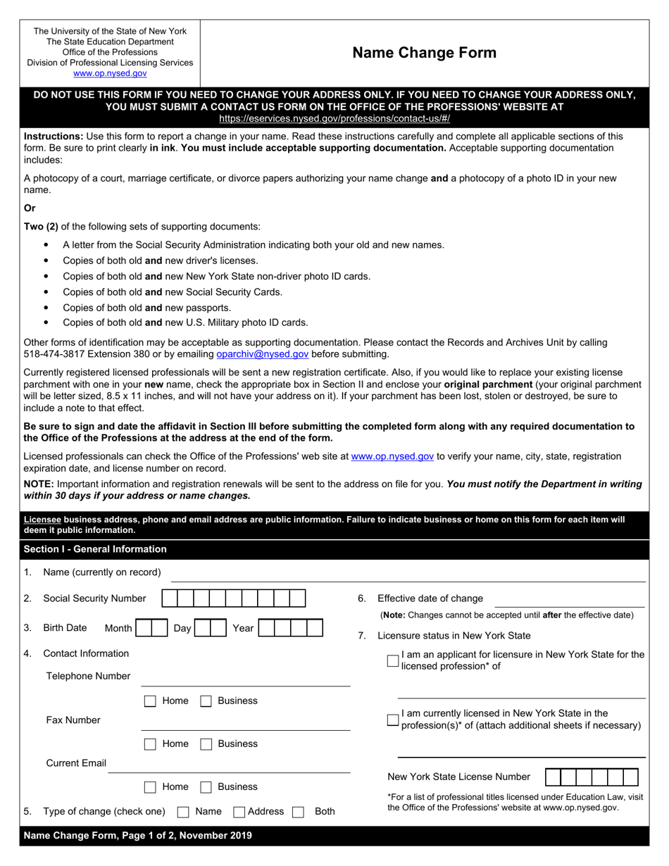 Name Change Form - New York, Page 1