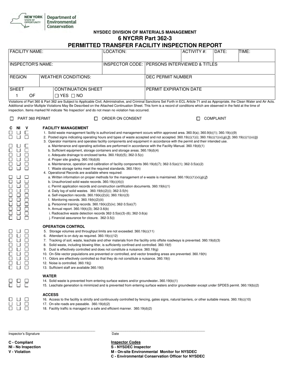 Permitted Transfer Facility Inspection Report - New York, Page 1