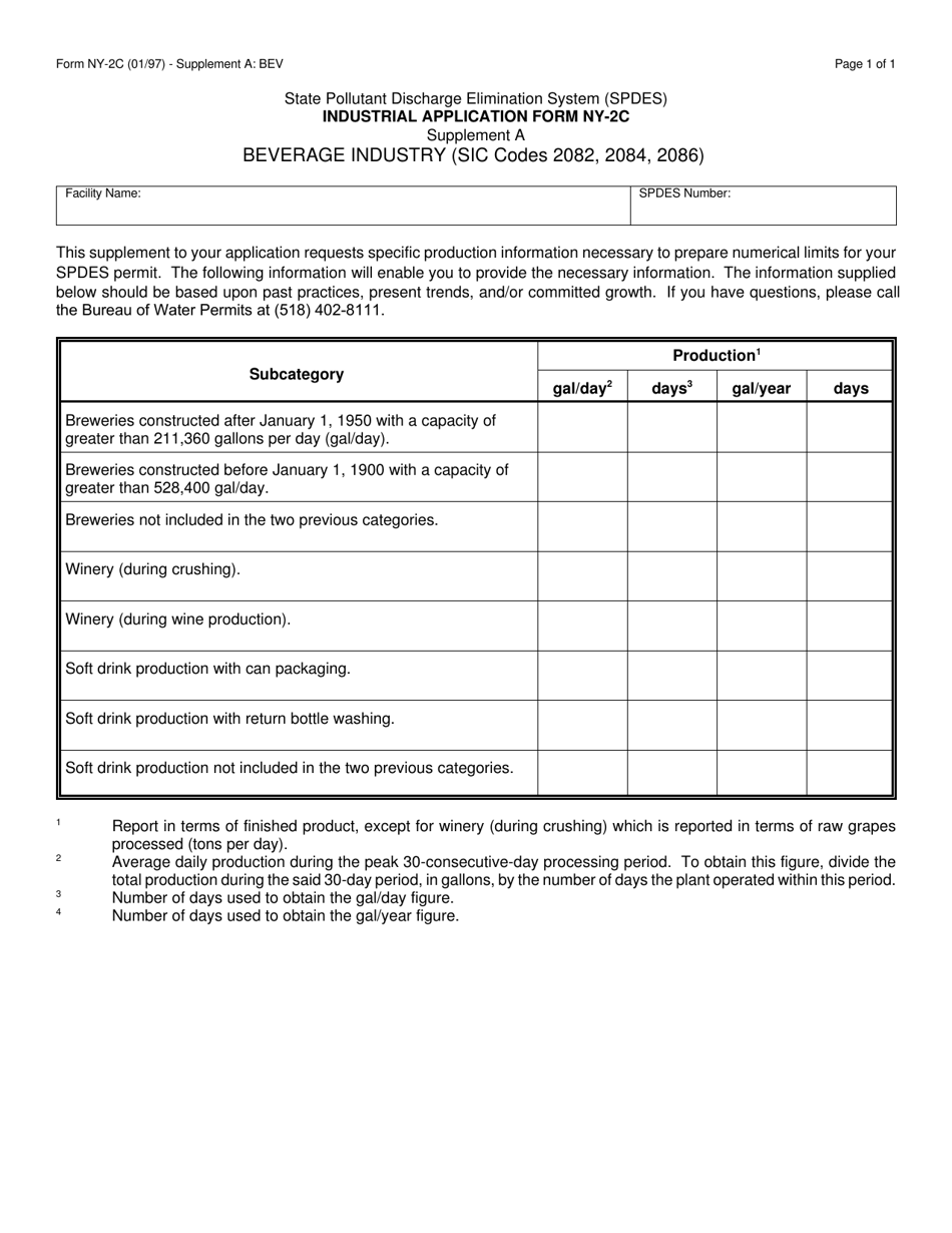Form NY-2C Supplement A State Pollutant Discharge Elimination System (Spdes) Industrial Application - Beverage Industry - New York, Page 1