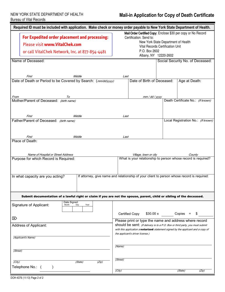 Form DOH-4376 Mail-In Application for Copy of Death Certificate - New York, Page 2