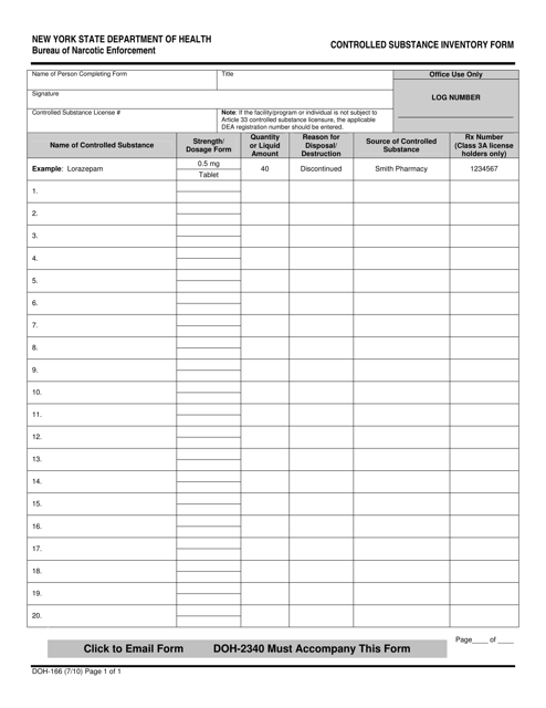 Form DOH-166 Controlled Substance Inventory Form - New York