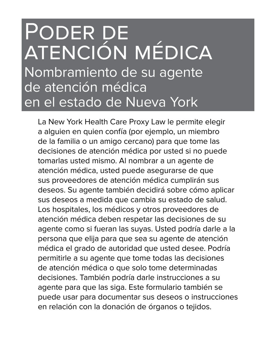 Formulario 1431 Poder De Atencion Medica - New York (Spanish), Page 1