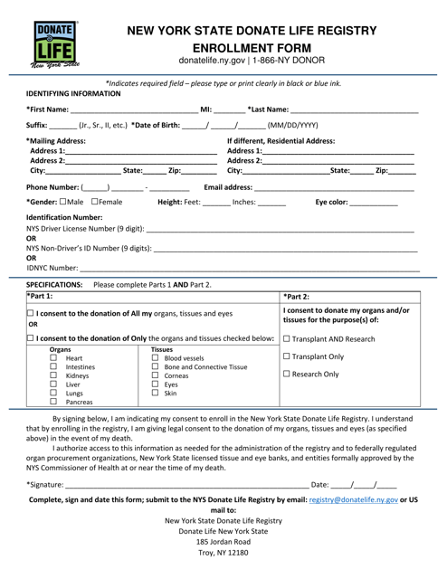 Enrollment Form - New York State Donate Life Registry - New York Download Pdf