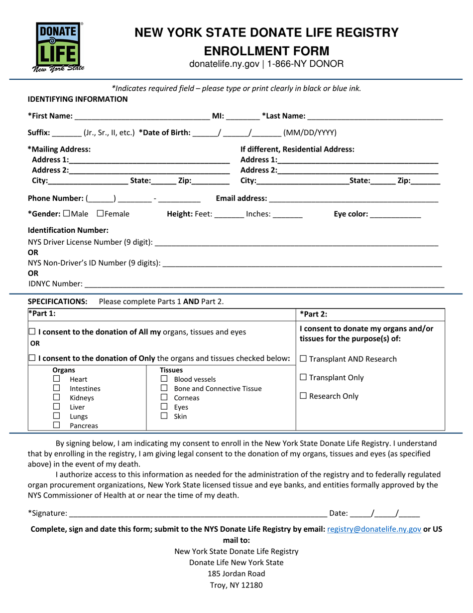 Enrollment Form - New York State Donate Life Registry - New York, Page 1