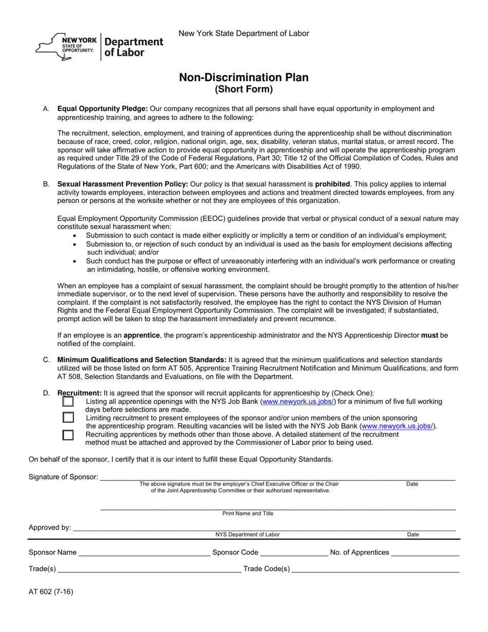 Form AT602 Non-discrimination Plan (Short Form) - New York, Page 1
