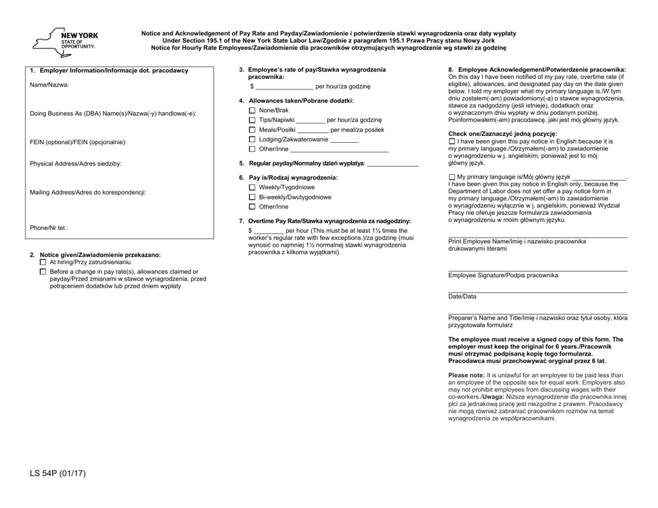 Form LS54P Pay Notice for Hourly Rate Employees - New York (English/Polish), Page 1