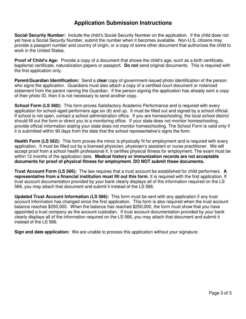 Form LS561 Application for a Child Performer Permit - New York, Page 3