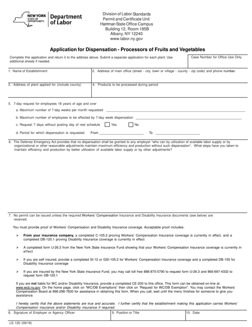 Form LS120 Application for Dispensation - Processors of Fruits and Vegetables - New York