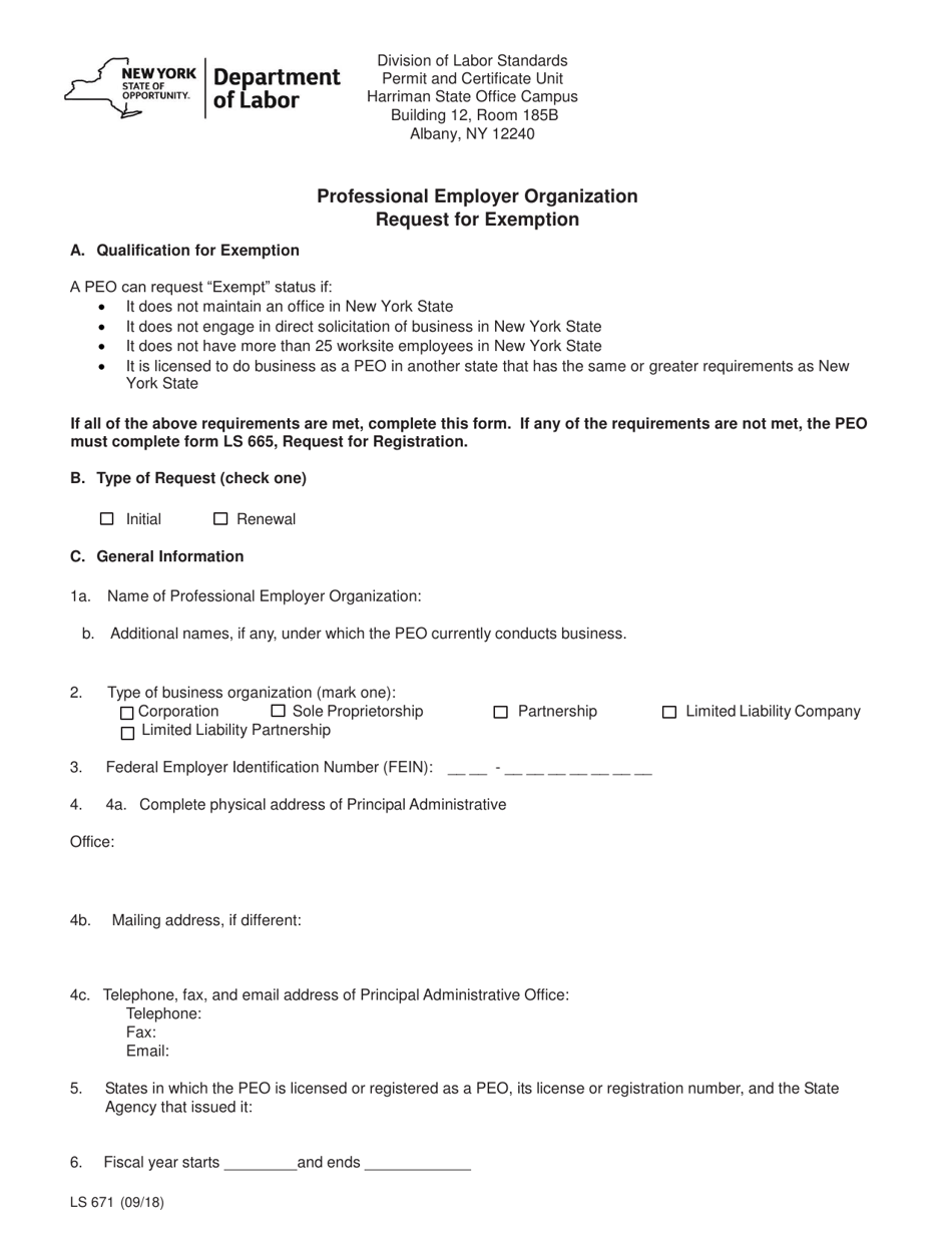 Form LS671 Professional Employer Organization Request for Exemption - New York, Page 1