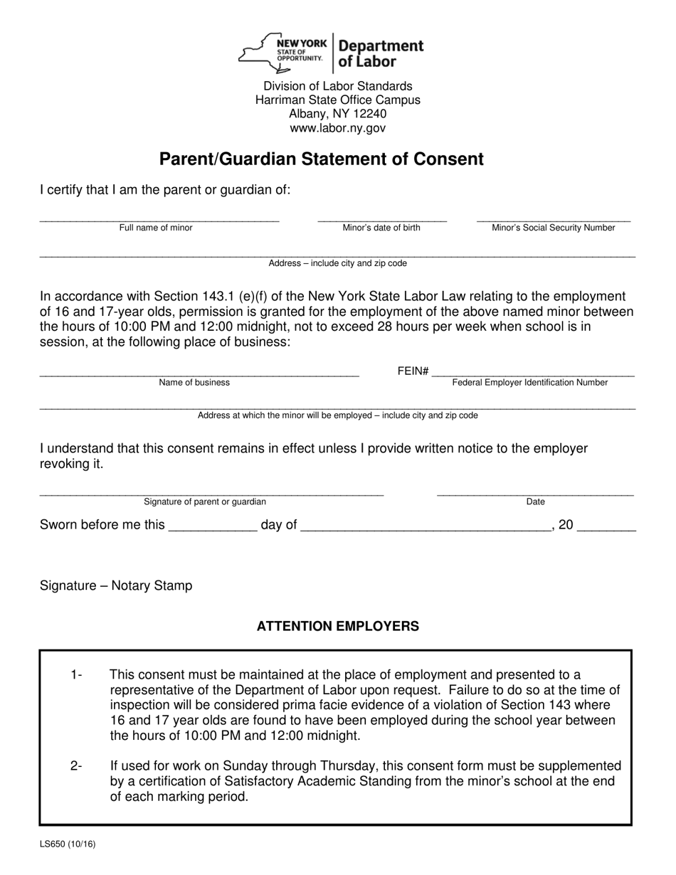 Form LS650 Parent / Guardian Statement of Consent - New York, Page 1