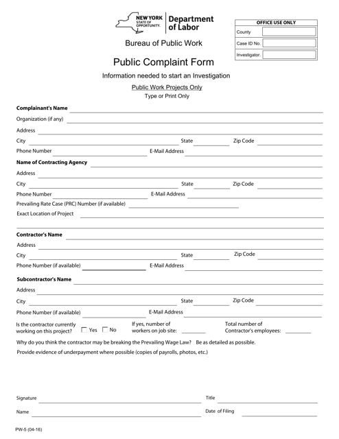 Form PW-5 Public Complaint Form - New York