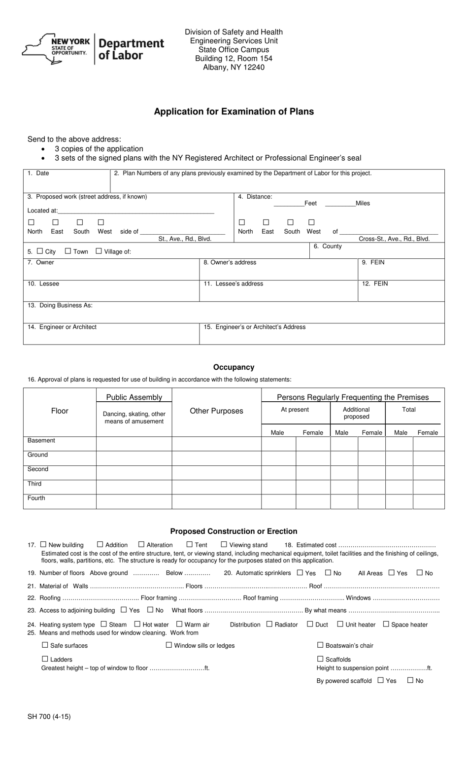 Form SH700 Application for Examination of Plans - New York, Page 1