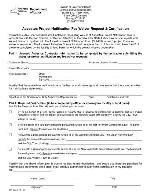 Form SH483.2 Asbestos Project Notification Fee Waiver Request & Certification - New York